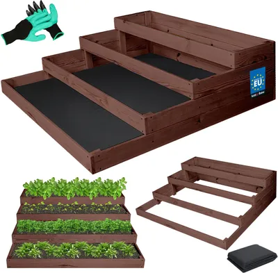 Produktbild von KOTARBAU® Treppen Hochbeet für Garten 120x120x36cm Stufenbeet mit 4 Etagen Handschuhe mit Krallen Vlies Kräuterbeet aus Kiefernholz Imprägniert Braun