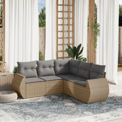 Produktbild von Design 5-tlg. Garten-Sofagarnitur mit Kissen Beige Poly Rattan, Gartenmöbel-Sets 2024 Neu
