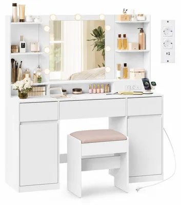 Image de VASAGLE Kailyn : Ensemble de table de maquillage avec miroir et éclairage LED, tabouret, et rangement