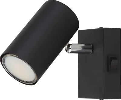 A black cylinder spotlight with a silver joint, attached to a black rectangular base with a switch, against a white background.