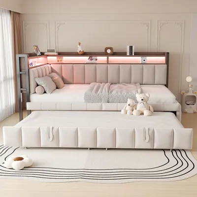 Image de OKWISH Lit Gigogne 90x200 cm - Lit Simple avec LED Intégrée, Rangement Tête et Pied de Lit, Ports USB et Type-C, Sans Matelas - Beige