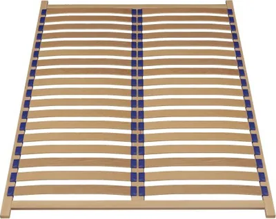 A wooden bed frame with slats and blue connectors, shown from a slightly elevated angle against a white background.