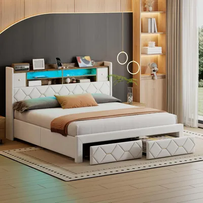 Obrázok produktu pre Postel s čalúneným čelom, dvojlôžko, 140x200 cm, s LED osvetlením a USB-C portom, 4 zásuvky, odkladacia polička, farba: béžová (zamat)