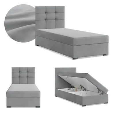 Produktbild von Boxspringbett mit Bettkasten, Einzelbett 90x200, Polsterbett mit Kopfteil, mit Bonell Matratze, Jugendbett, Kinderbett, Samt-Velours, ELDA, Grau