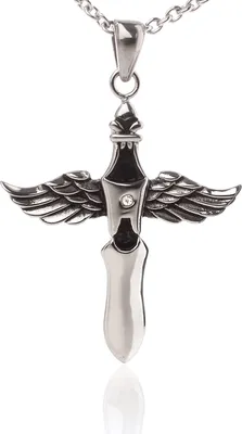Produktbild von Edelstahl Anhänger Kreuz Engel Gothic Geschwärzt Stein Und Edelstahl Kette YINP4007 - 50 Zentimeter