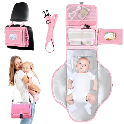 Produktbild von Wickelauflage, tragbares Design, integrierter Feuchttuchbehälter, Rosa