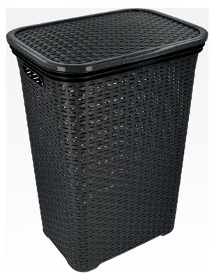 Produktbild von Wäschekorb mit Deckel aus Rattan, Kunststoff Wäscheaufbewahrung, Wäschesortierer (65 L - Eckig, Anthrazit)