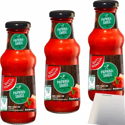 Produktbild von Gut & Günstig Paprika-Sauce ungarischer Art feurig-pikant 3er Pack (3x250ml Glas) + usy Block