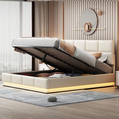 Čalouněná postel Flieks s LED diodou, hydraulická skříňová pružinová postel 180x200 cm s lamelovým roštem a úložným prostorem, manželská postel dřevěná postel pro mladé, Imitace kůže, béžová barva