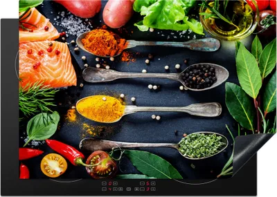 Produktbild von KitchenYeah© Herdabdeckplatte Kräuter - Löffel - Küche - Gewürze , 75x52cm, Küche Deko, Glaskeramikkochfeld Herdabdeckung, Abdeckplatte fùr Kochfeld