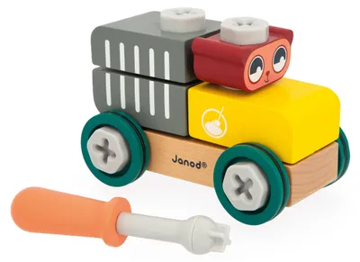 Productafbeelding van Janod Brico'Kids - Houten bouwwagen met beer en bouwstenen - Educatief speelgoed