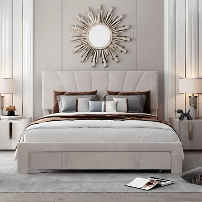 Produktbild von CDGlobal Polsterbett 140x200cm mit höhenverstellbarem Kopfteil und 4 Schubladen, Funktionsbett Doppelbett mit Lattenrost für Schlafzimmer Gästezimmer