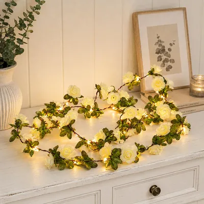Produktbild von LED Lichterkette weiße Mini Rosen - 22 warmweiße LED - Batteriebetrieb - Timer L: 2,1m - für Innen