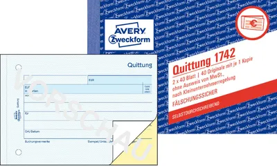 Produktbild von Avery Zweckform 1742, Quittung Kleinunternehmer ohne MwSt., A6 quer, selbstdurchschreibend, 2x40 Blatt
