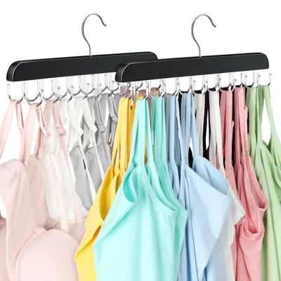 Image de Cintres en bois avec 20 crochets en acier inoxydable - Organisateur rotatif à 360° pour soutien-gorge, ceintures, cravates, écharpes et accessoires - Lot de 2, couleur noire