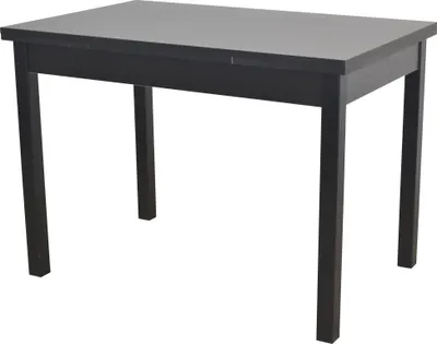 A black dining table is shown against a white background.
