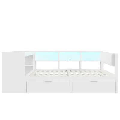 Produktbild von Flieks Klassisches Bett Tagesbett 140x200cm mit 2 Schubladen, Jugendbett Stauraumbett mit Led und Ladefunktion, Doppelbett Schlafsofa, Weiß