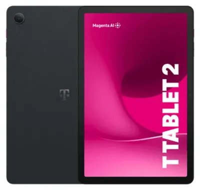 A black tablet is shown from the front and back, with the screen displaying marketing graphics and text.