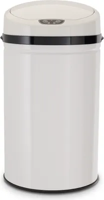 A white automatic sensor trash can with a black rim and lid.