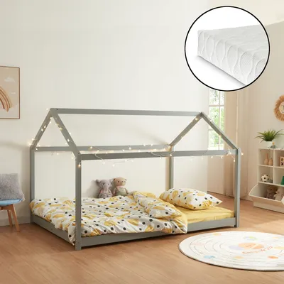 Produktbild von Kinderbett 'Cerro' Hausbett mit Matratze 140x200cm Grau
