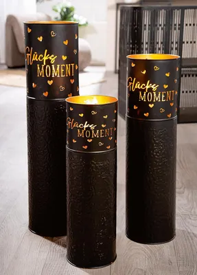 Productafbeelding van Gilde Windlicht, zylindrisch, Glücksmoment, Herzmotiv, Schriftzug, Metall, schwarz, goldfarben, VE 2, D. 18 cm Höhe: 70.00 cm Durchmesser: 18.00 cm 58914