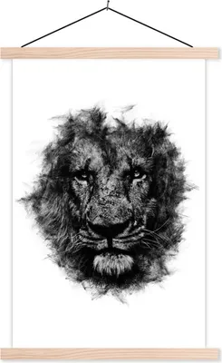 Produktbild von MuchoWow® Textilposter Löwe - Schwarz - Weiß 60x90 cm mit holzfarbenen Rahmen - Textil