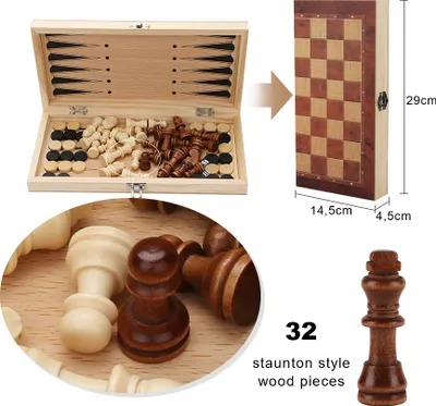Immagine prodotto di Fiqops set scacchi giochi da tavolo COMPLETO set scacchi da viaggio scacchi backgammon legno 29x29CM scacchi da viaggio
