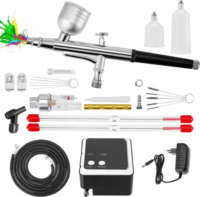 Immagine prodotto di Kit per aerografo - Aerografo a doppia azione con compressore - 36 PSI - Ugelli da 0,2/0,3/0,5 mm - Funzionamento a batteria, senza fili - Colore: oro