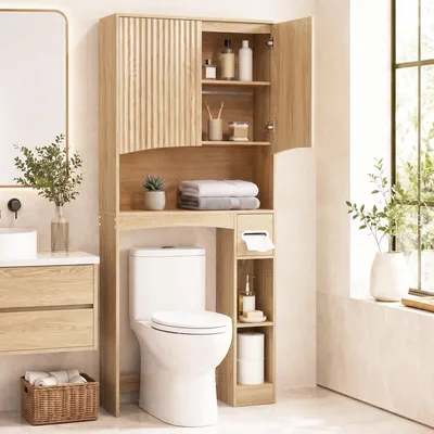 Produktbild von Toilettenschrank über dem WC, ALIGHTUP, 2 Lamellentüren, 2 Einlegeböden, seitliche Ablage, 80 x 22 x 170 cm, Eiche