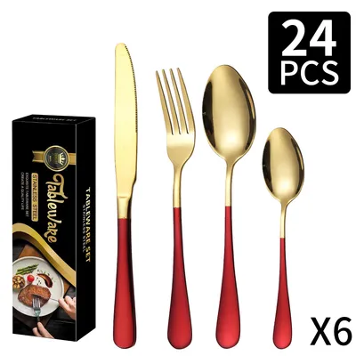 Imagen del producto de Juego de cubiertos de 24 piezas, fabricado en acero inoxidable, que incluye cuchillos, tenedores y cucharas, en color rojo dorado