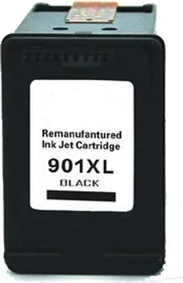 A black ink cartridge with a white label.