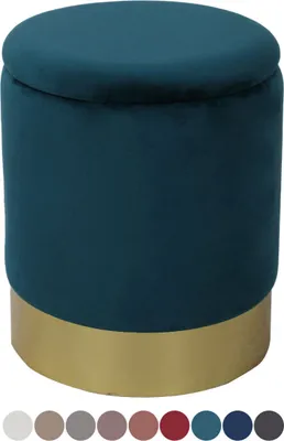 A teal fabric ottoman with a gold base rests on a white background.