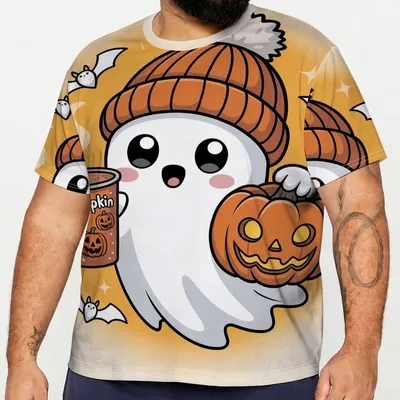Produktbild von Herren T-Shirt Übergröße, Kurzarmshirt mit Halloween Geist Kürbis Print, süßes Freizeit Shirt für Alltag und Party 4XL