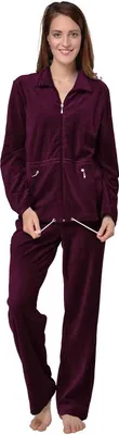 Produktbild von RAIKOU Damen Baumwolle Hausanzug Freizeitanzug Schlafanzug Velours Nicki Trainingsanzug mit Reißverschluss Lila Rot 40/42 L
