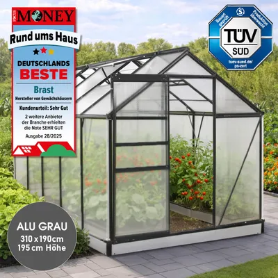 Produktbild von BRAST Gewächshaus Aluminium mit Fundament | 310x190x195cm | 6mm Hohlkammerplatten | rostfrei wetterfest temperaturbeständig | Grau
