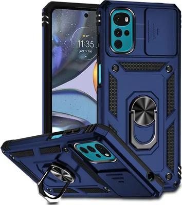 Image de Etui pour Motorola Moto G22 2022 étui double couche avec protection coulissante de l'appareil photo et anneau de support bleu
