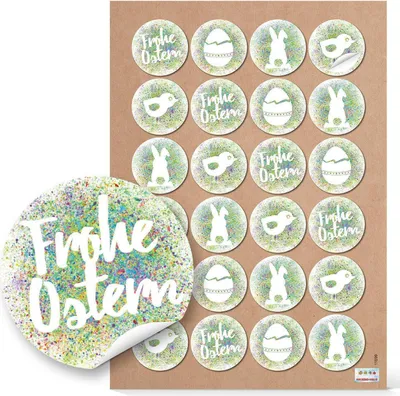 Produktbild von 24 Stück runde grün weiße Osteraufkleber 4 cm FROHE OSTERN selbstklebende Aufkleber Sticker Etiketten - Verpackung Ostergeschenk Papier Osterdeko Osterverpackung der give-away Osterhase24 Aufkleber / 1 Bogen