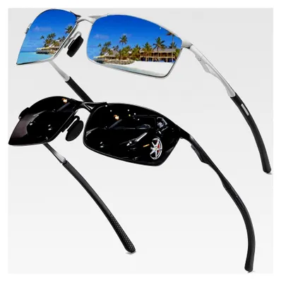 Produktbild von 2 Stück polarisierte Sonnenbrillen für Herren, Sportbrille mit HD-Sicht, Metallrahmen, schwarze Rahmen mit blauen Gläsern, klassische Retro-Pilotenbrille, 100% UV400 Schutz