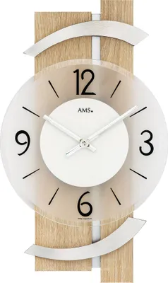 A modern wall clock with a wooden and aluminum design.