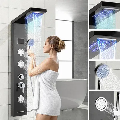 Immagine prodotto di Doccia idromassaggio con funzione massaggiante - Doccia a pioggia con getti massaggianti - con 5 funzioni idriche - con display LCD - doccetta - soffione nero - miscelatore termostatico