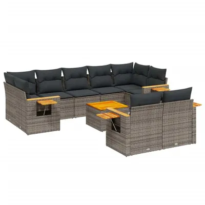 Produktbild von 10-tlg. Garten-Sofagarnitur, modular, Poly Rattan, Akazienholz-Tischplatte, abnehmbare Kissen, UV-beständig, Grau