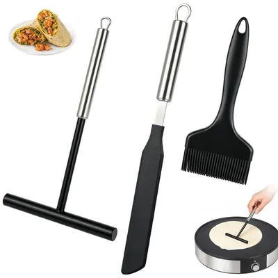 Image de Kit d'accessoires pour crêpes comprenant 3 pièces : une spatule doseuse, une spatule à retourner et un pinceau en silicone, tous en acier inoxydable, silicone et nylon