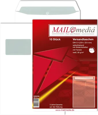 Image de Enveloppe postale MAIL media DIN C4, avec fenêtre, autocollante, blanche, 90 g/m², 10 pièces