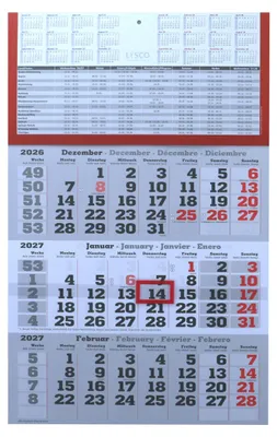 Produktbild von 3 Monats Wandkalender 2027 mit Datumschieber in Rot, inkl. Ferienübersichten und Jahresüberblick 2027 und 2027, Dreimonatskalender werbefrei, 3 Monatskalender