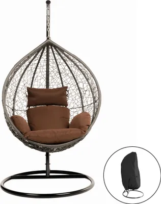 Produktbild von Home Deluxe Hängesessel Polyrattan, braun, CIELO, ca. 200 cm hoch, Basis Ø ca. 104 cm, Korb ca. 123 cm hoch & 100 cm breit, 26,1 kg Gewicht, max. 120 kg Traglast, Sitzkissen 16 cm & Kissen 12 cm dick, Rahmen 50x1,2 mm, extra stabil & standsicher, strapazierfähig, gefederte Aufhängung, wetter- & UV-beständig, inkl. wasserdichter Regenabdeckung, Sitz-, Seiten- & Rückenkissen mit waschbaren Bezügen, für Innen & Außen