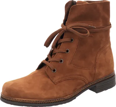 A single brown lace-up boot shown from the side against a white background.