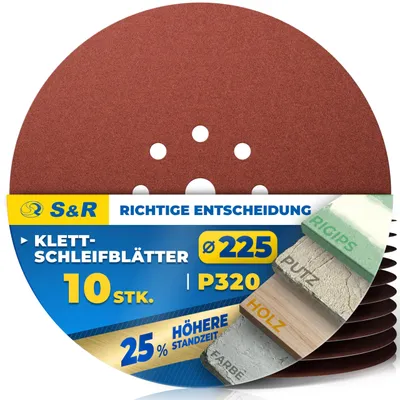 Produktbild von S&R Schleifpapier 225mm, Schleifscheiben 225mm, Schleifgitter 225 mm klett, Trockenbauschleifer Schleifpapier, Schleifpapier 225, schleifteller 225 mm, Schleifpapier Giraffe, Klett, P320, 10 Stück