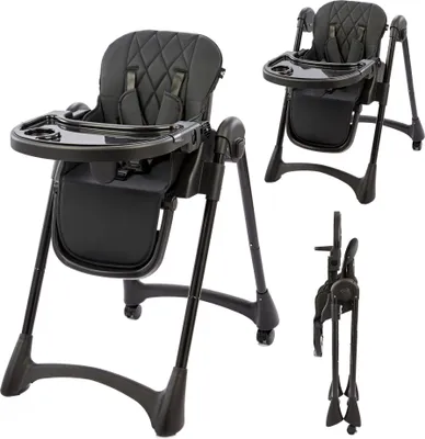Produktbild von Bebies First Hochstuhl Baby – kompakt inklappbar, verstellbar in mehreren Positionen - 5-Punkt-Gurt, abnehmbares Ess-Tablett - Schwarz