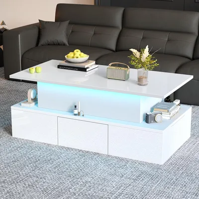 Produktbild von okwish Anhebbarer Couchtisch mit 4 Schublade und LED,Hochglanz Sofatisch mit 5V/2A-USB-Anschluss und Lifttischplatte,Weiß