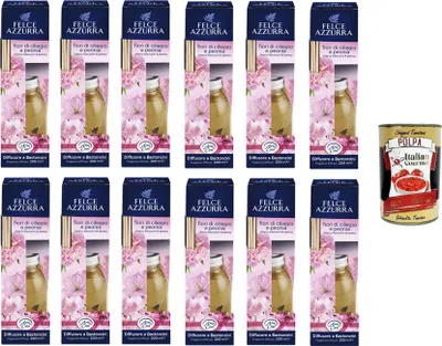 Produktbild von Felce Azzurra Raumdiffusor mit Stäbchen Kirschblüten und Pfingstrose 12x200ml+ Italian Gourmet polpa 400g